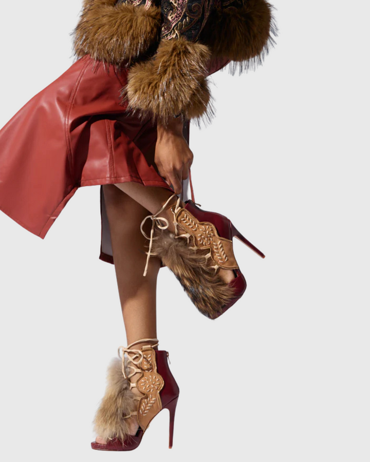Sadiya | Women's Faux Fur Lace-Up Heeled Sandals in Red
