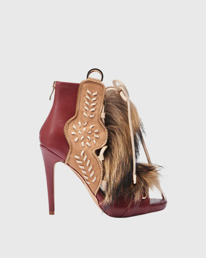 Sadiya | Women's Faux Fur Lace-Up Heeled Sandals in Red