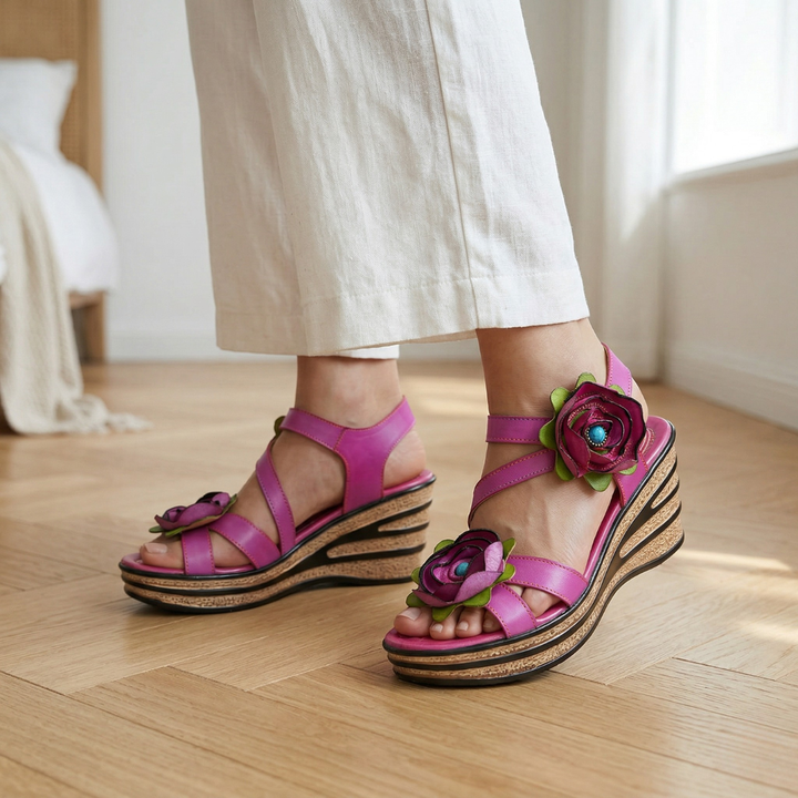 Printed Leather Handmade Romantic Rose Sandals