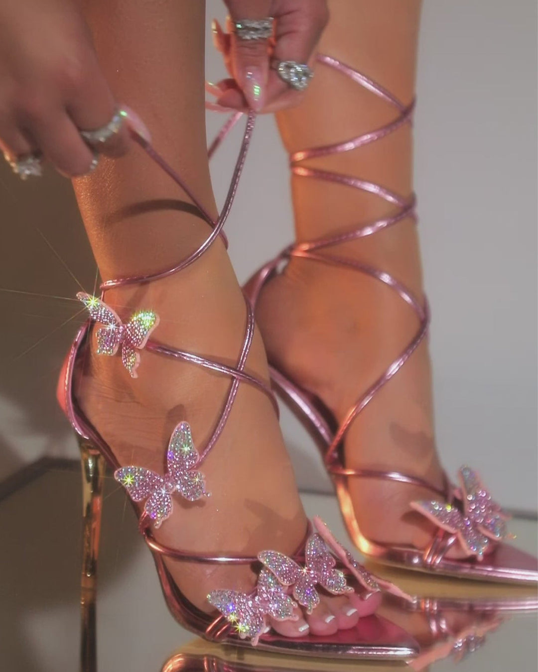 Zarita | Women's Crystal Butterfly Lace-Up Sandals in Pink