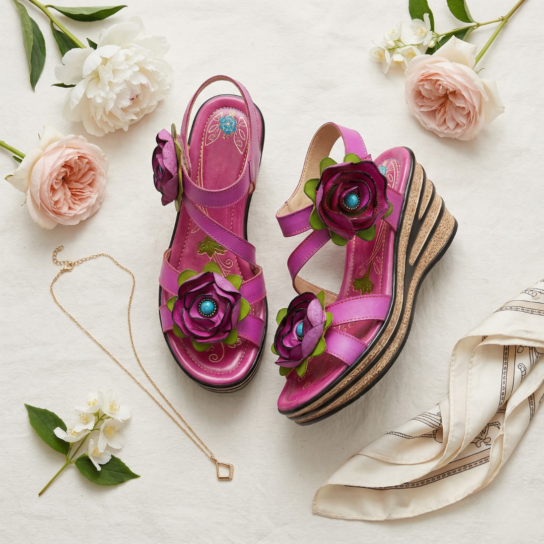 Printed Leather Handmade Romantic Rose Sandals