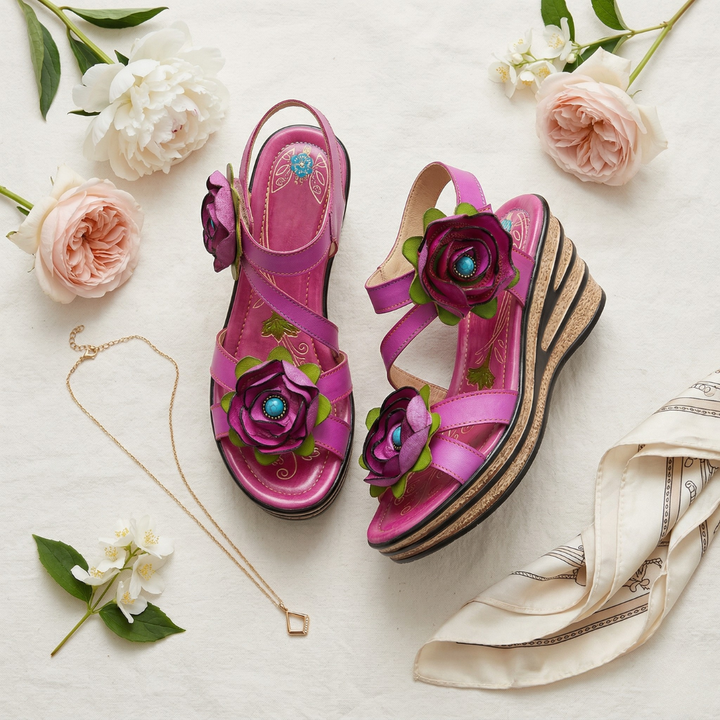 Printed Leather Handmade Romantic Rose Sandals