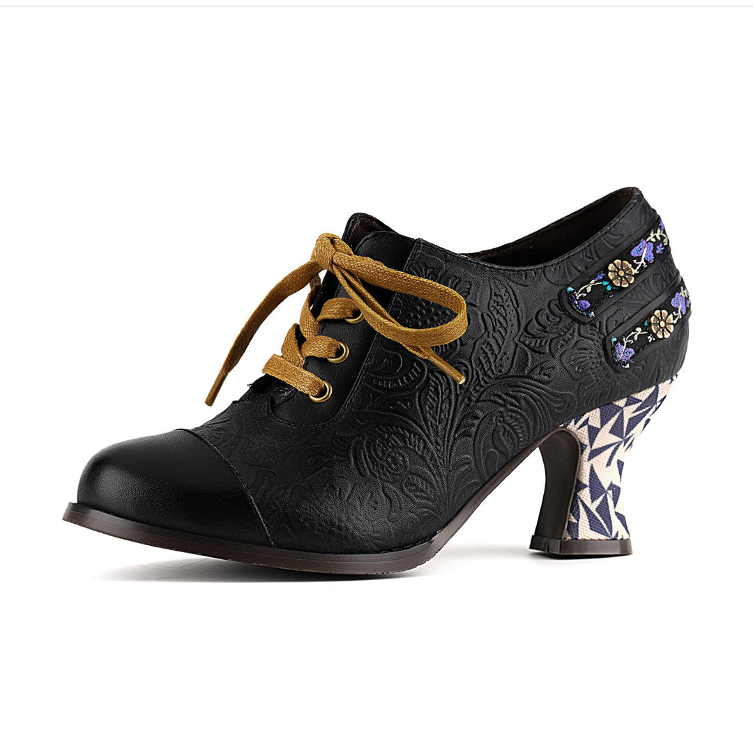 Floral Embossed Lace-Up Heels