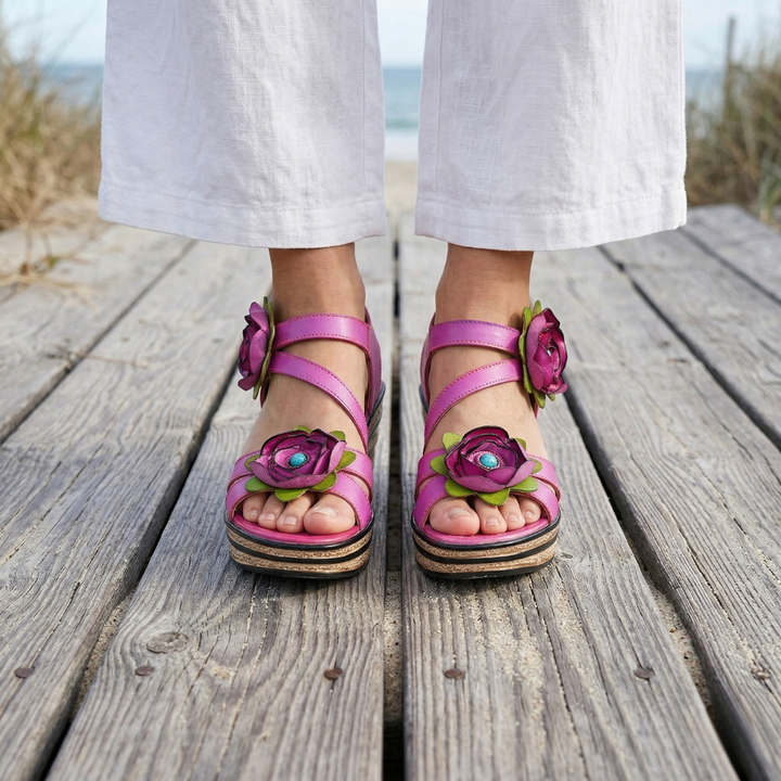 Printed Leather Handmade Romantic Rose Sandals