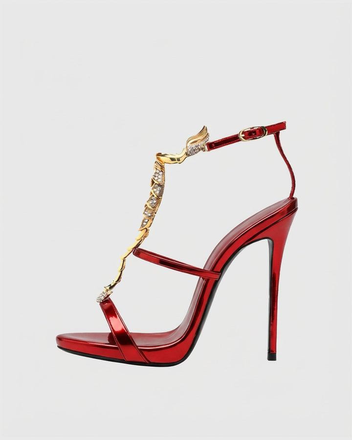 Pia | Women's Rhinestone Scorpion Strap Sandals in Red
