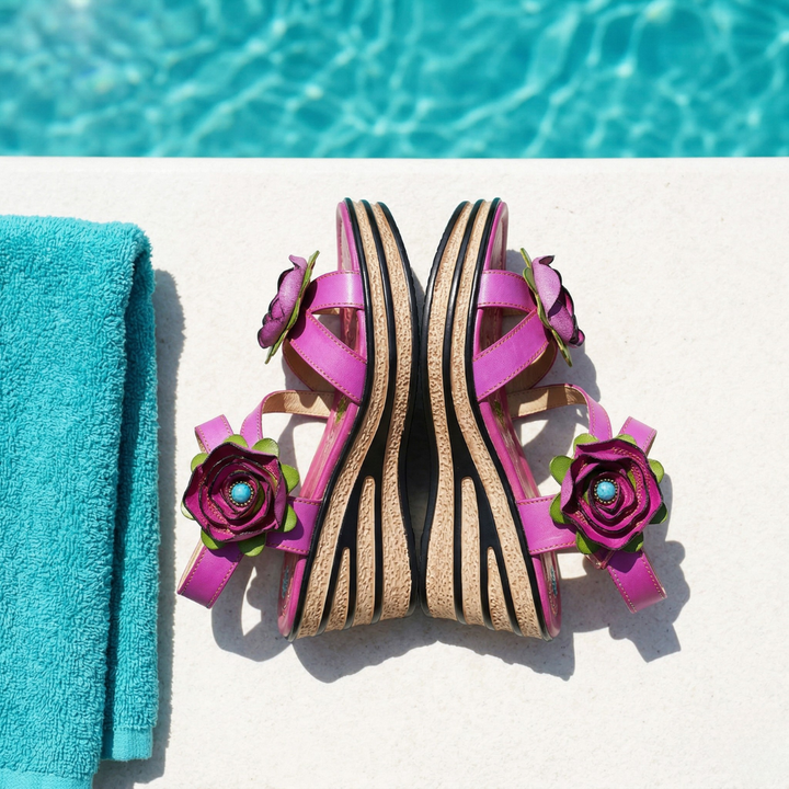 Printed Leather Handmade Romantic Rose Sandals