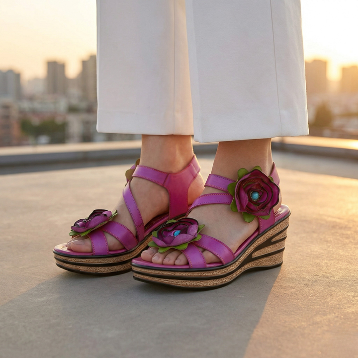 Printed Leather Handmade Romantic Rose Sandals
