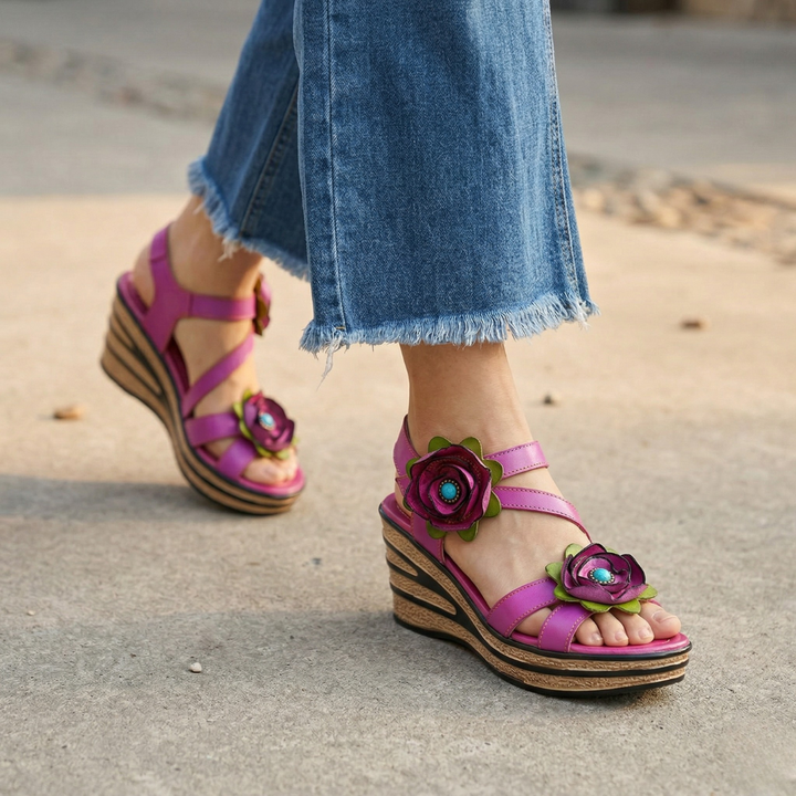 Printed Leather Handmade Romantic Rose Sandals