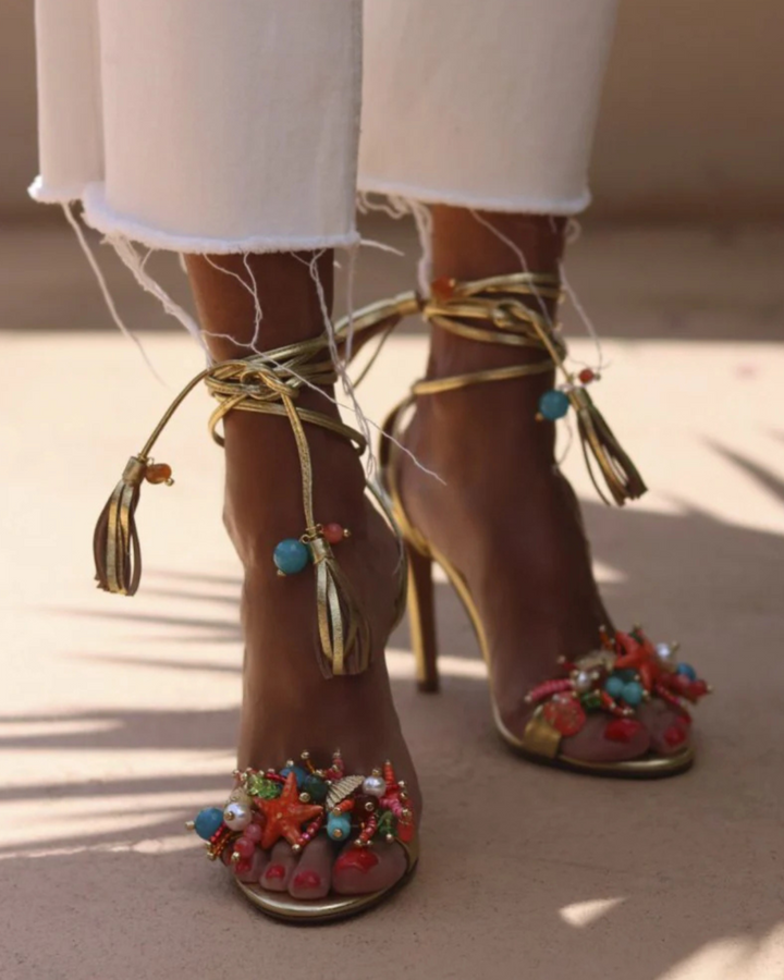 Melania | Women's Starfish Lace-Up Heeled Sandals in Gold