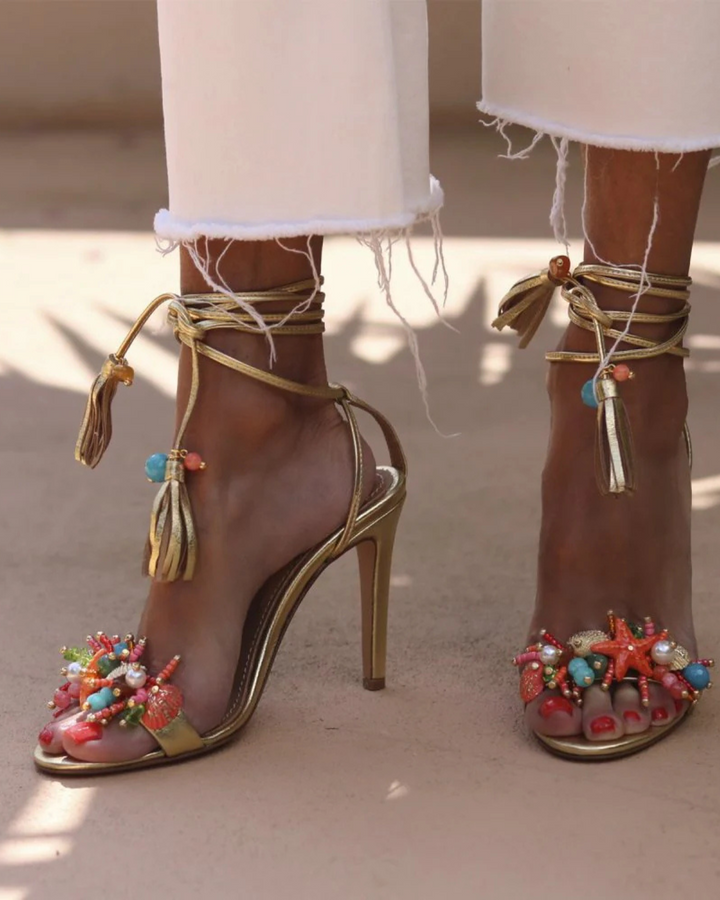 Melania | Women's Starfish Lace-Up Heeled Sandals in Gold