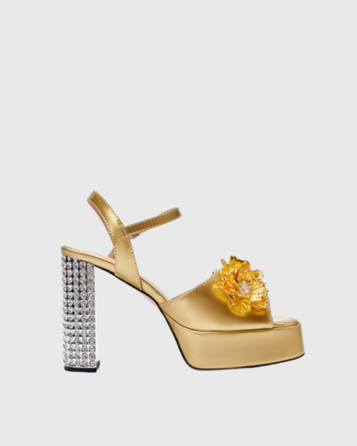 Zaahir | Women's Rhinestone Flower Platform Sandals in Gold
