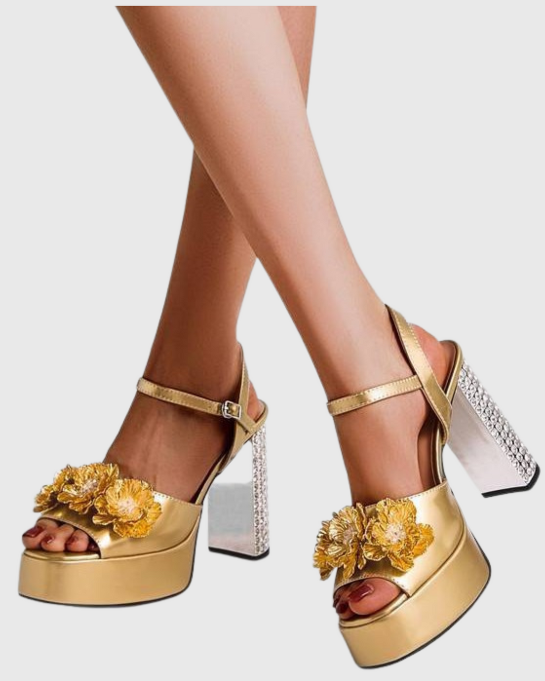 Zaahir | Women's Rhinestone Flower Platform Sandals in Gold