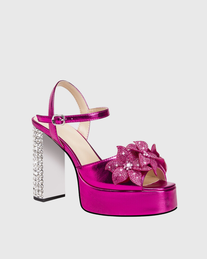 Zaahir | Women's Rhinestone Flower Platform Sandals in Hot Pink
