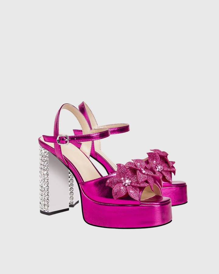 Zaahir | Women's Rhinestone Flower Platform Sandals in Hot Pink