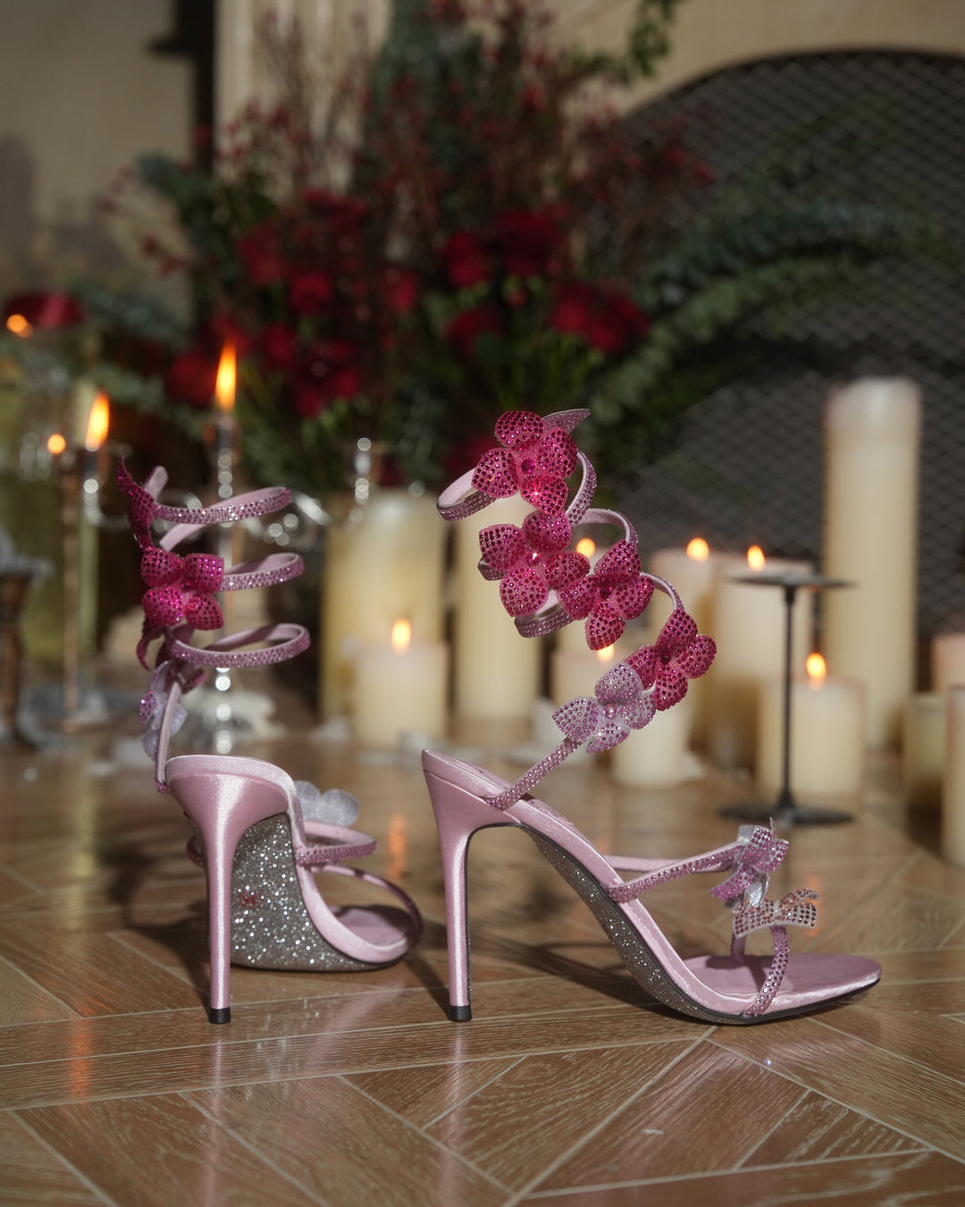 Elisa | Women's Flower Snake Heeled Sandals in Pink