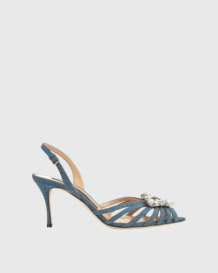 Emilee | Women's Diamond Triangle Cage Sandals in Denim Blue
