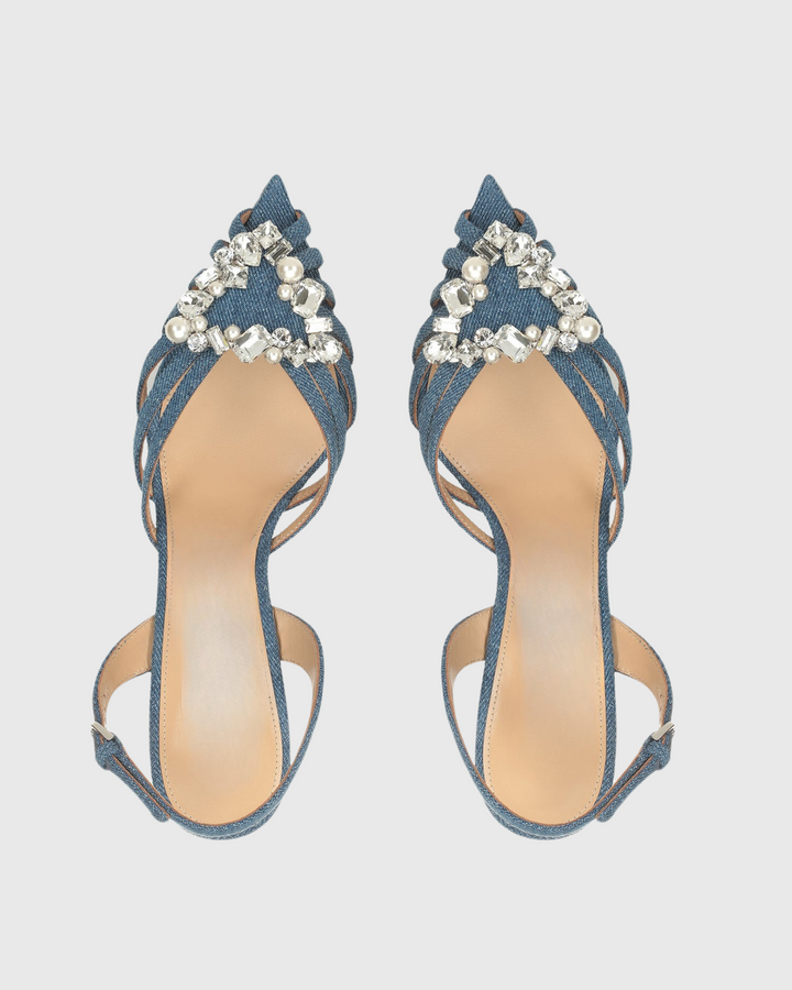 Emilee | Women's Diamond Triangle Cage Sandals in Denim Blue