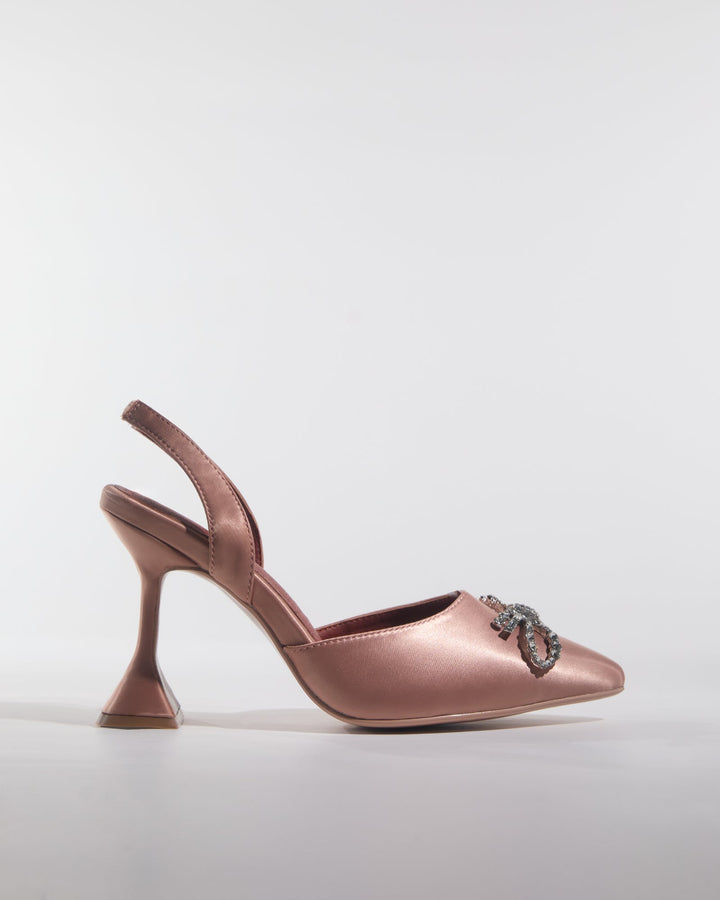 Fedora | Women's Crystal Bow Satin Slingback Heels in Champagne