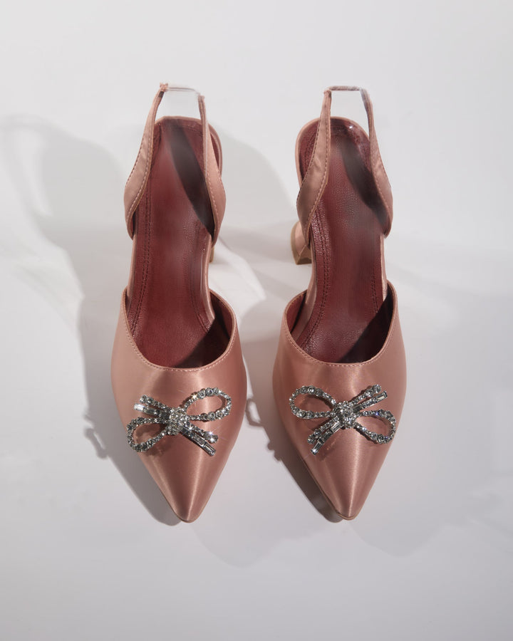 Fedora | Women's Crystal Bow Satin Slingback Heels in Champagne