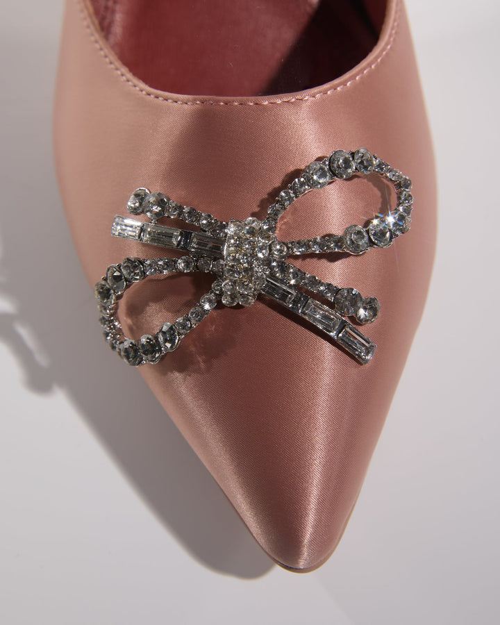 Fedora | Women's Crystal Bow Satin Slingback Heels in Champagne