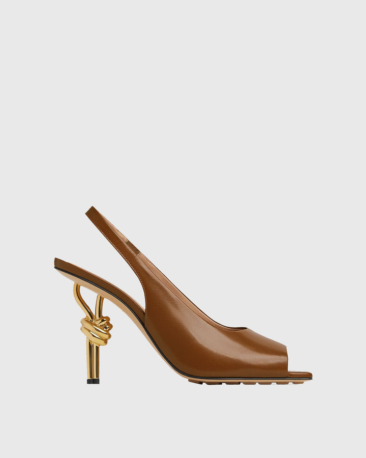Fiamma | Women's Leather Metal Knot Heeled Sandals in Brown