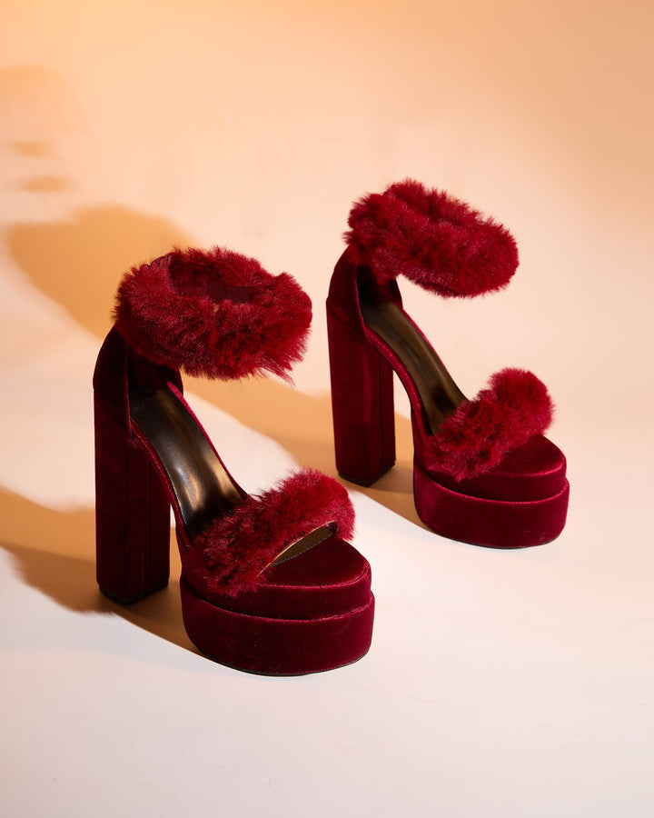 Indie Faux Fur Strap Platform Sandals In Red