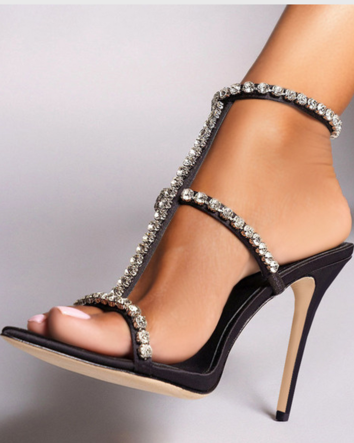 Iolanda | Women's Rhinestone Strap Heeled Sandals in Black