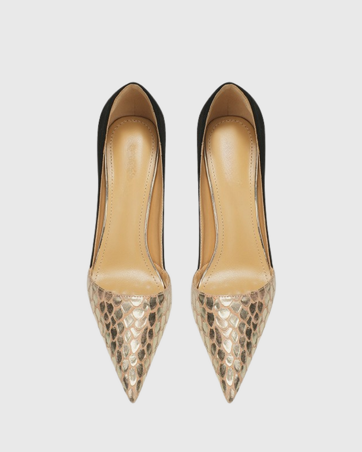 Itala | Women's Snake Print Vintage Pumps in Gold