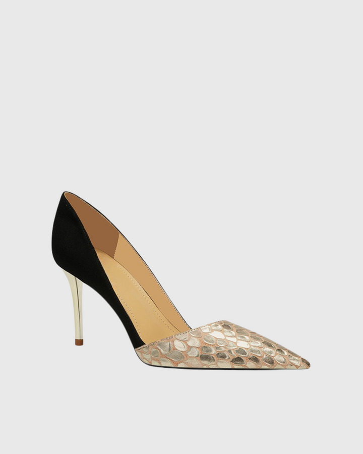 Itala | Women's Snake Print Vintage Pumps in Gold