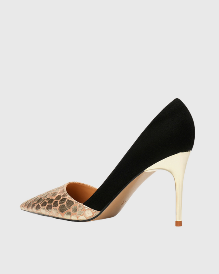 Itala | Women's Snake Print Vintage Pumps in Gold