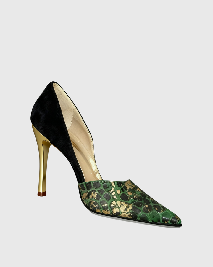 Itala | Women's Snake Print Vintage Pumps in Green