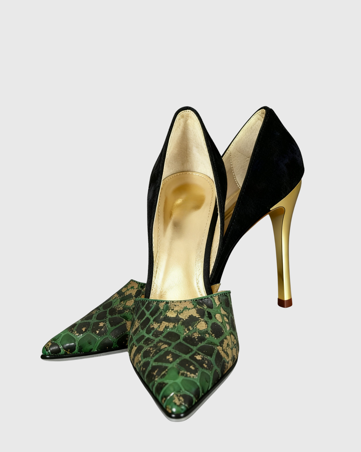 Itala | Women's Snake Print Vintage Pumps in Green