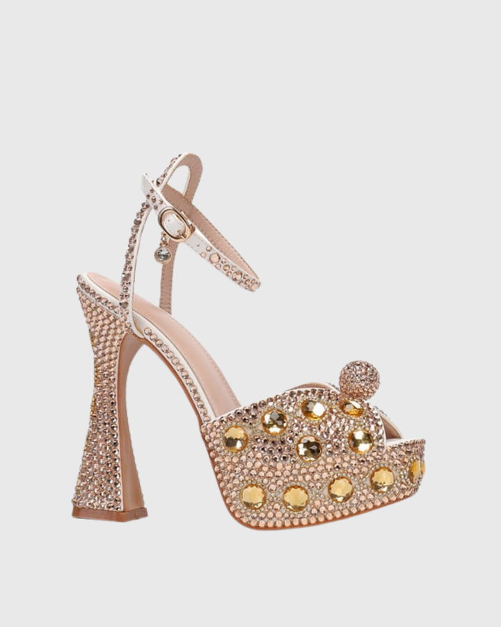 Liviana | Women's Rhinestone Flared Heel Pumps in Gold