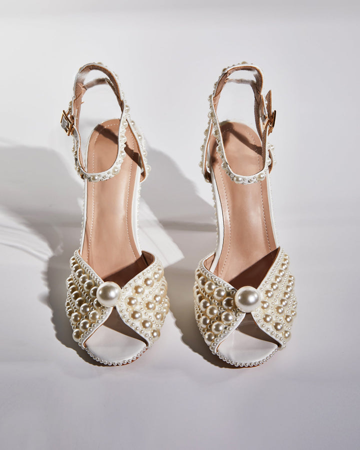 Liviana | Women's Pearl Strap Heeled Sandals in Apricot