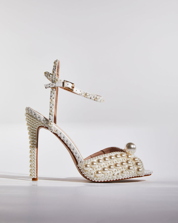 Liviana | Women's Pearl Strap Heeled Sandals in Apricot