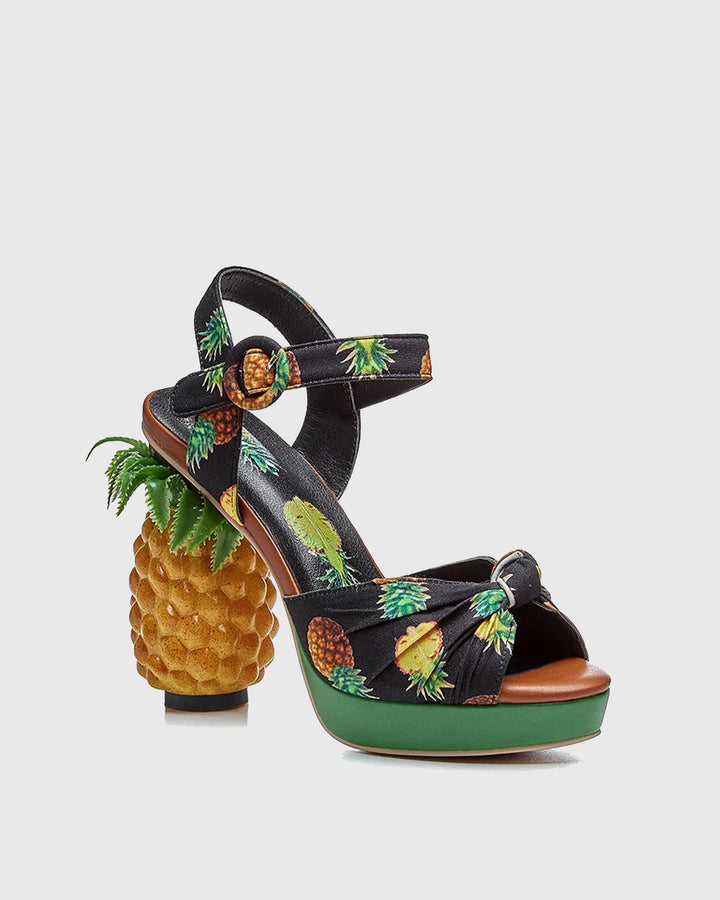 Lorena | Women's Pineapple Print Heeled Sandals in Black