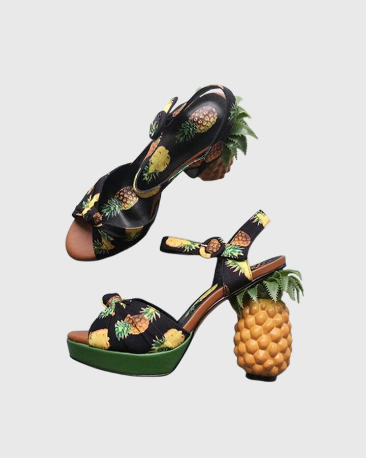 Lorena | Women's Pineapple Print Heeled Sandals in Black