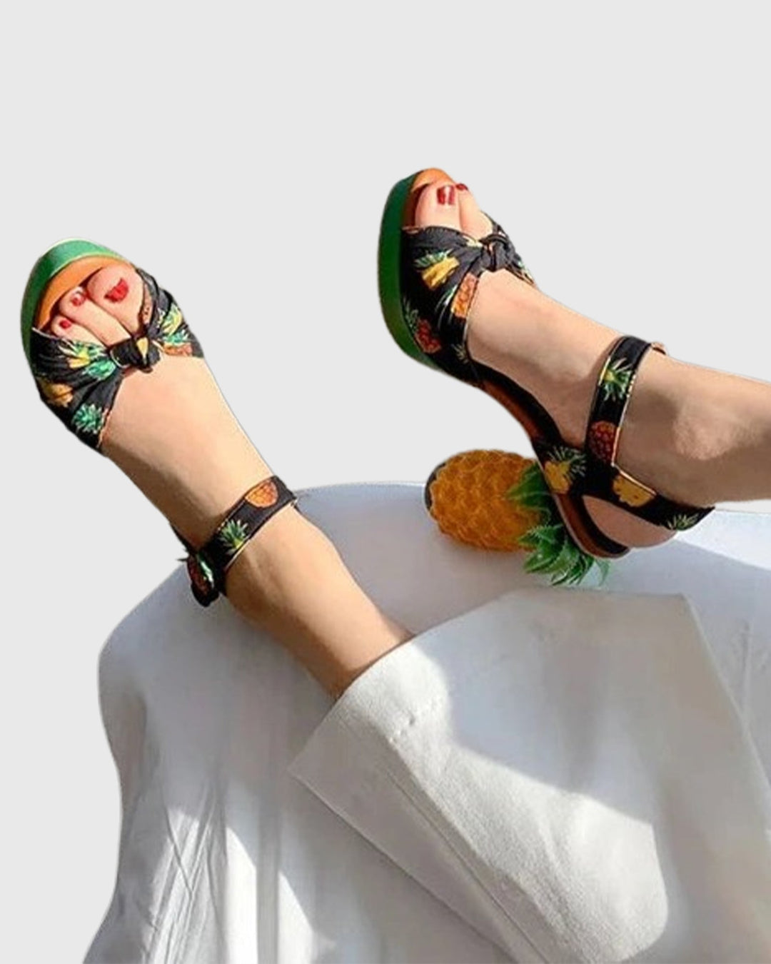 Lorena | Women's Pineapple Print Heeled Sandals in Black