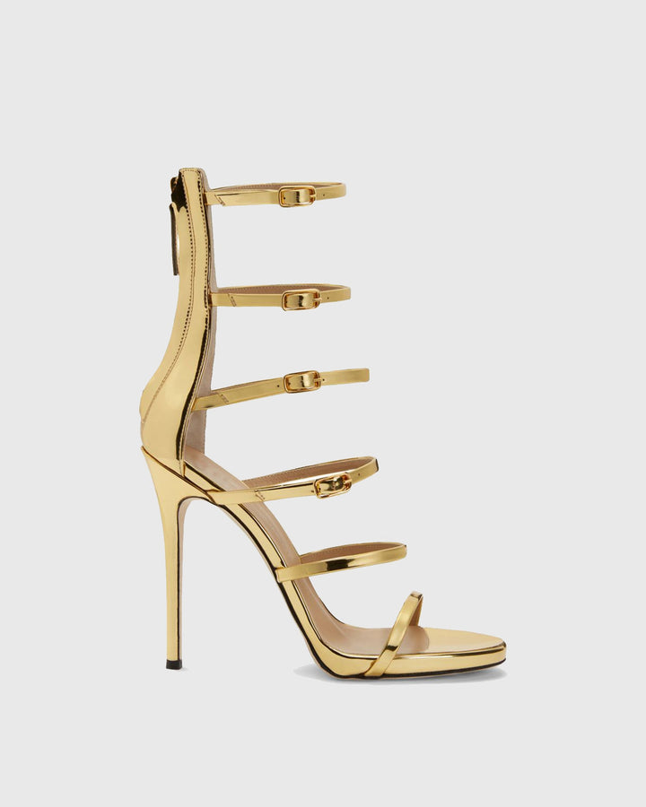 Maggia | Women's Cage Leather Strap Heeled Sandals in Gold