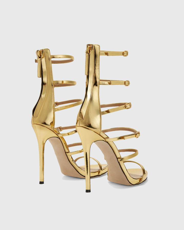 Maggia | Women's Cage Leather Strap Heeled Sandals in Gold