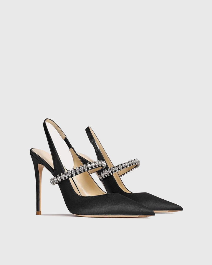 Nerina | Women's Rhinestone Satin Slingback Pumps in Black