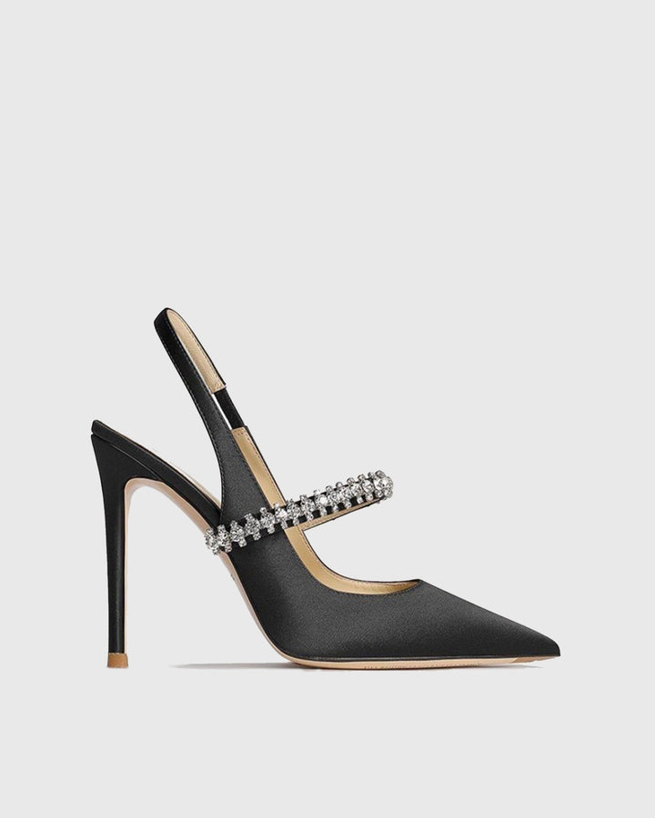 Nerina | Women's Rhinestone Satin Slingback Pumps in Black
