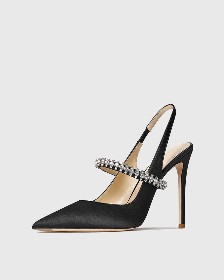 Nerina | Women's Rhinestone Satin Slingback Pumps in Black