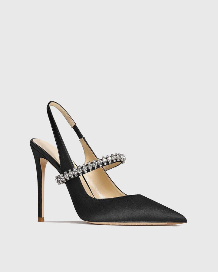Nerina | Women's Rhinestone Satin Slingback Pumps in Black
