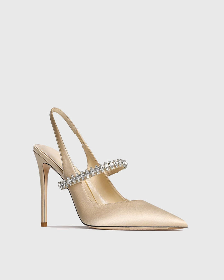 Nerina | Women's Rhinestone Satin Slingback Pumps in Champagne