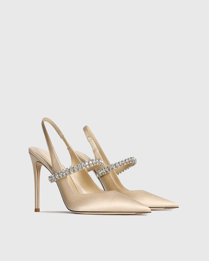 Nerina | Women's Rhinestone Satin Slingback Pumps in Champagne