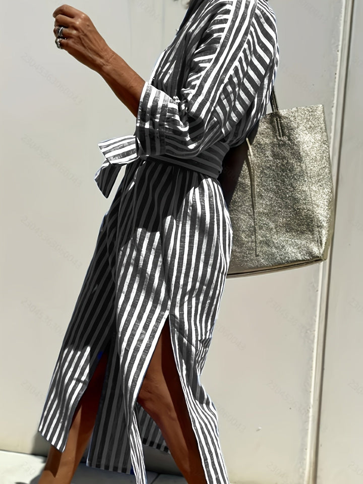Christine | Striped Print & Button Closure with Belt