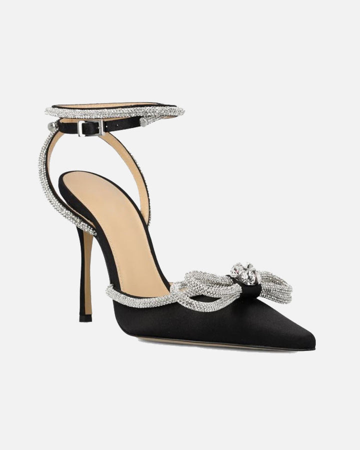 Rina | Women's Crystal Bow Satin Strap Pumps in Black