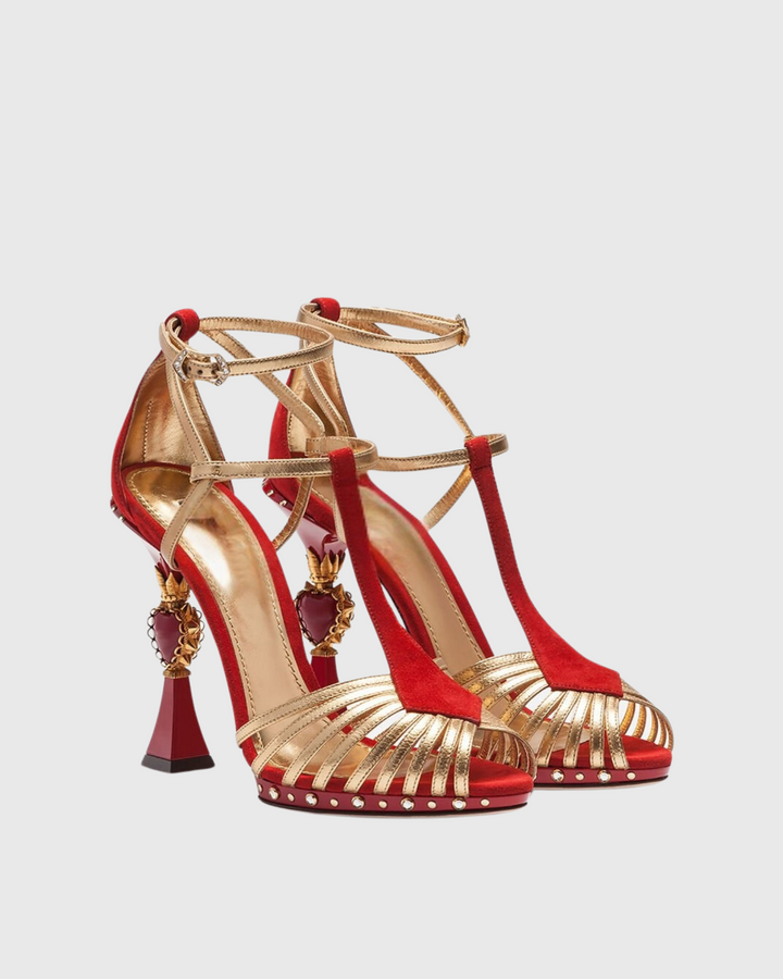 Ryan | Women's Cage Heart Sculptural Heeled Pumps in Red