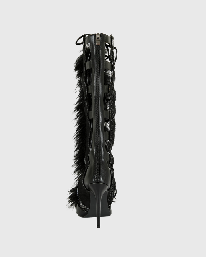 Sadiya | Women's Faux Fur Knee High Heeled Sandals in Black